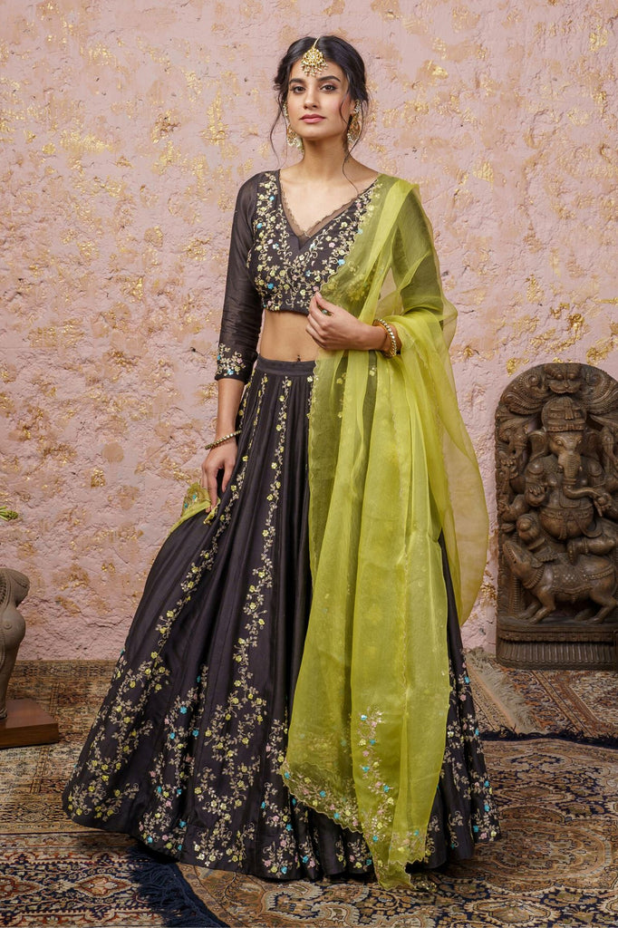 Georgette Fabric Beige Color Soothing Lehenga With Contrast Dupatta