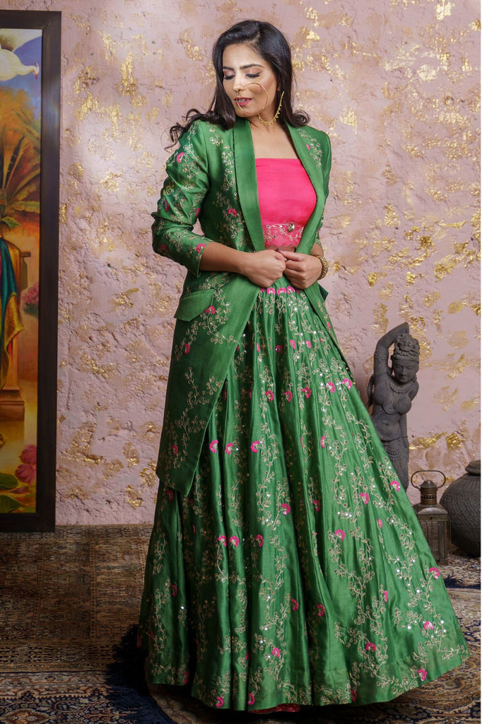 Buy Women Deep Green Sequin And Zari Embroidered Lehenga Set With Blouse  And Dupatta - Lehenga - Indya