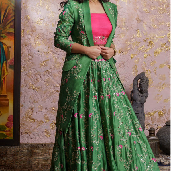 WORN ONLY ONCE - Heavy Green and Pink Lehenga Choli with Dupatta | eBay