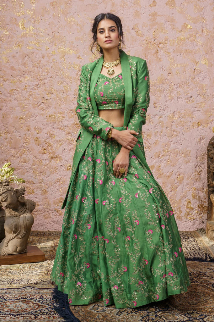 vintage green lehenga set with jacket naaz by noor